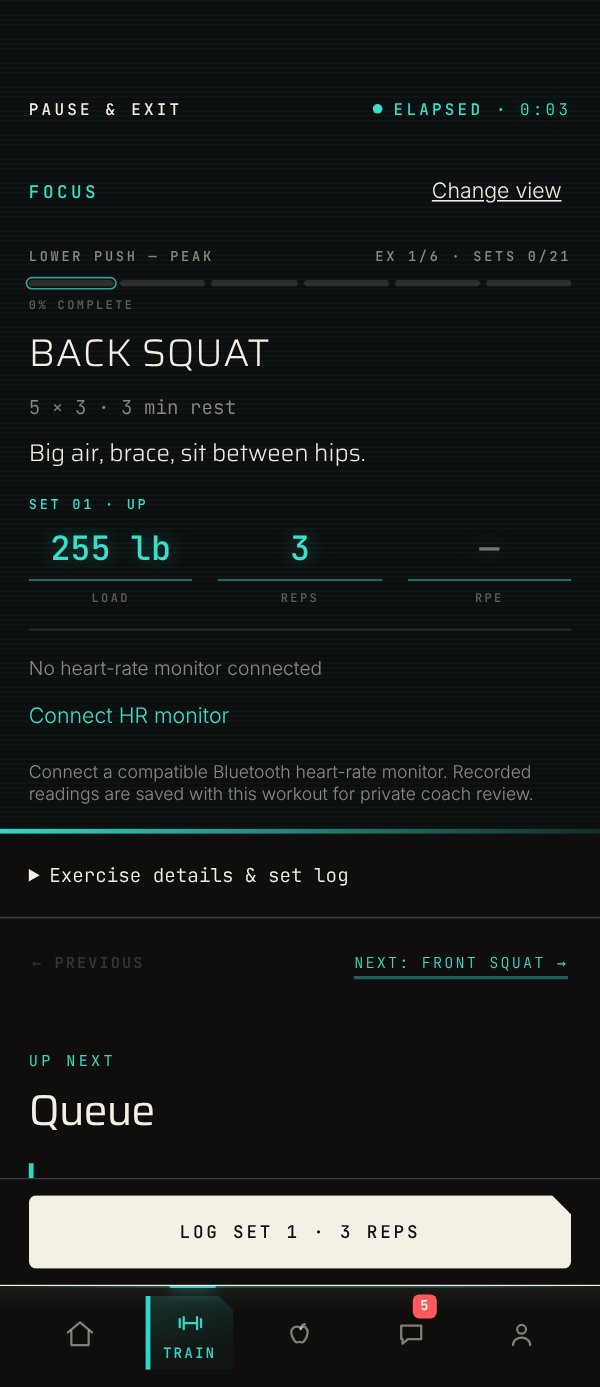 The live session player: back squat, five sets of three, set one up with its load and reps